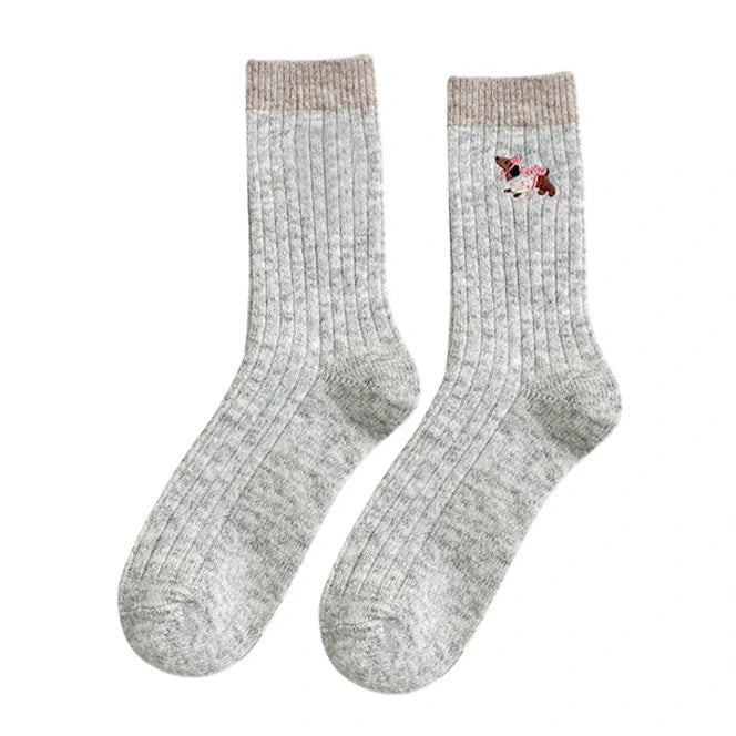 Ladies Socks | Ribbed Puppy Embroidery Crew Socks – Light Grey
