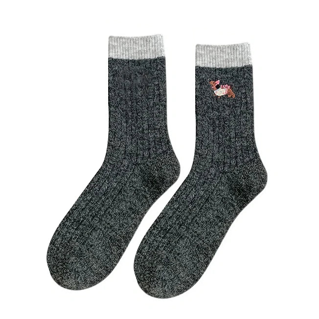 Ladies Socks | Ribbed Puppy Embroidery Crew Socks – Charcoal