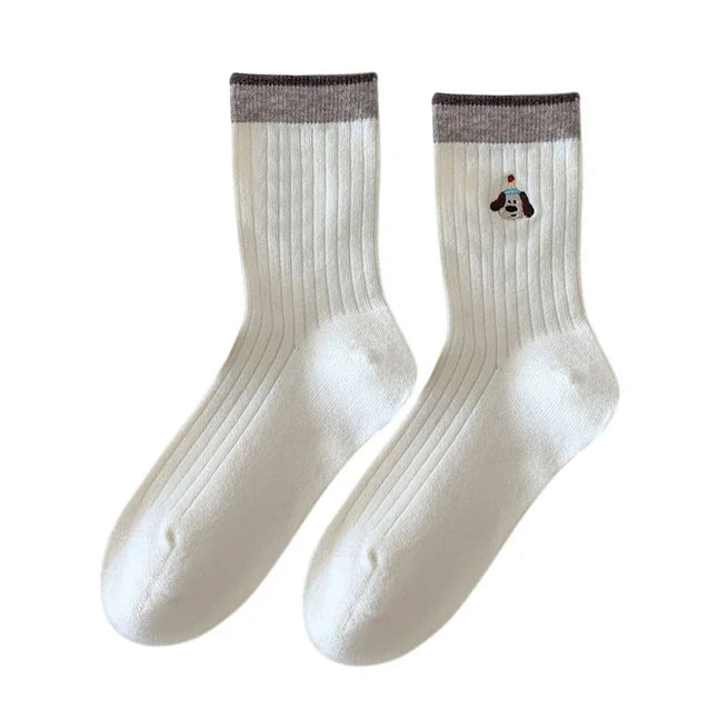 Ladies Socks | Ribbed Puppy Embroidery Crew Socks – White