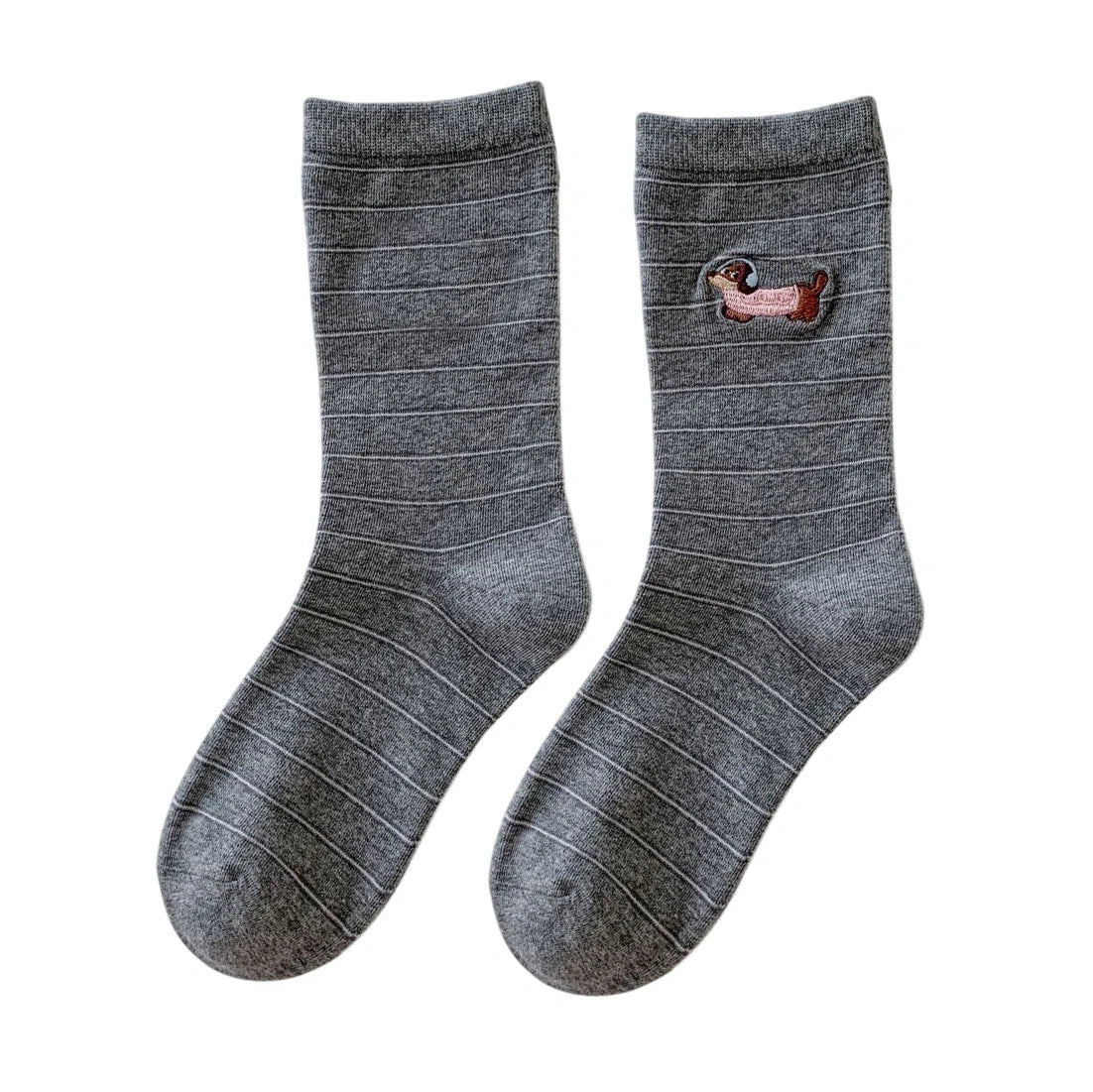 Unisex Socks | Striped Dachshund Embroidery – Grey