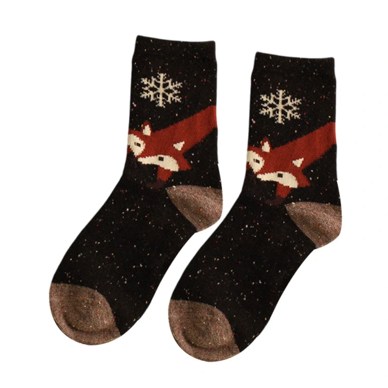 Unisex Socks | Fox & Snowflake Pattern – Black