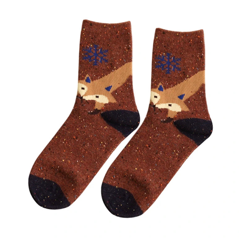 Unisex Socks | Fox & Snowflake Pattern – Brown