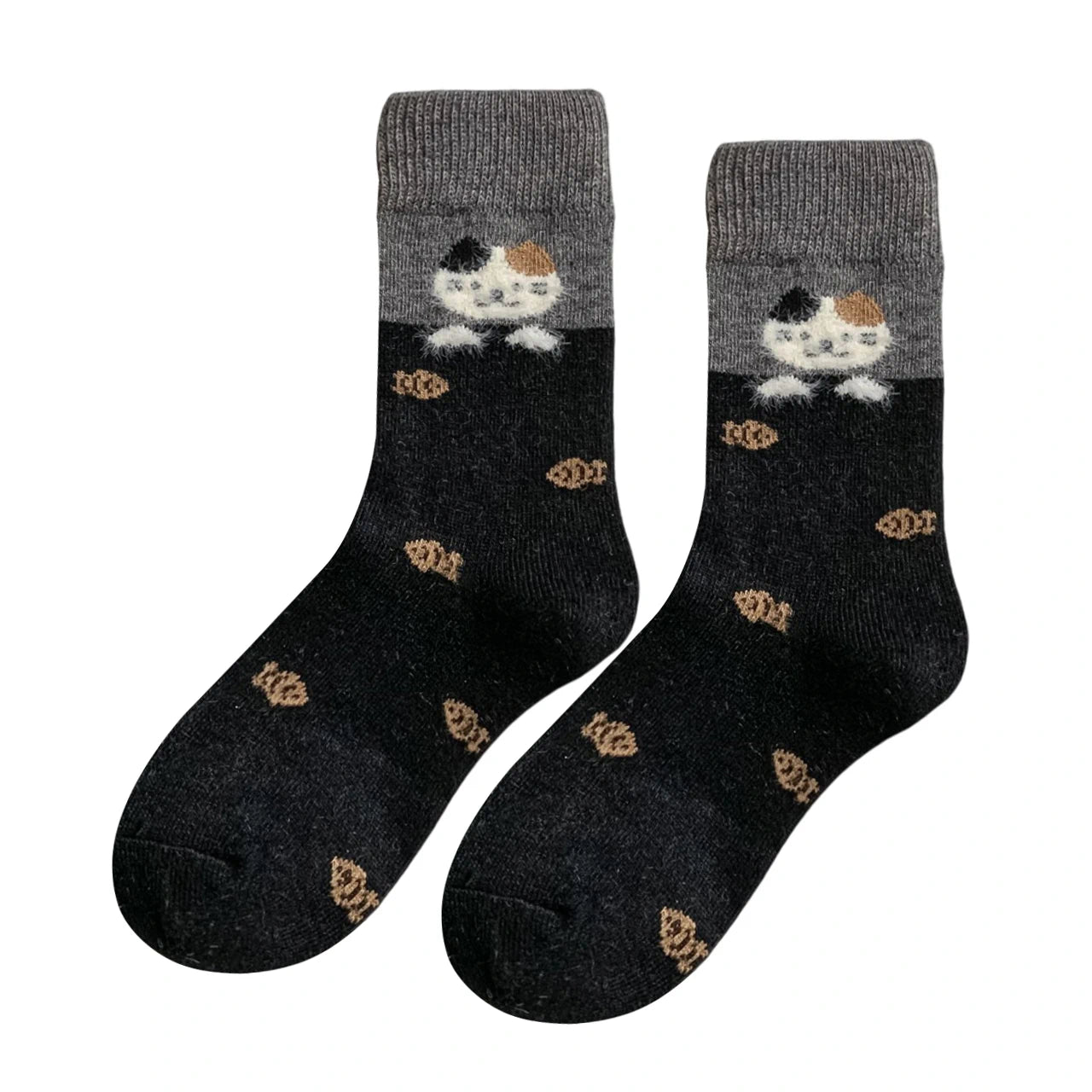 Ladies Socks | Fluffy Cat & Fish Bone Pattern – Black