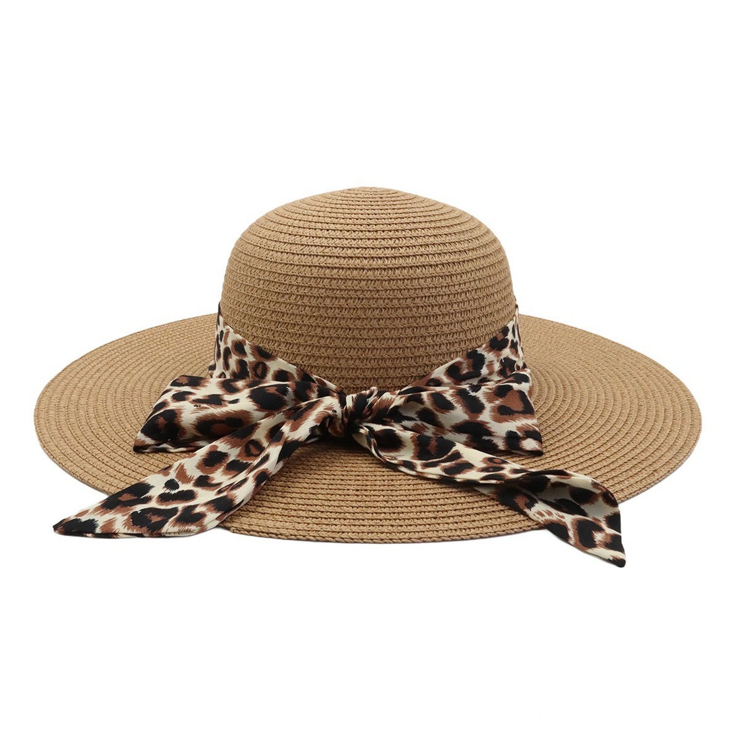 Wide Brim Straw Hat | Leopard Print Bow Detail – Natural