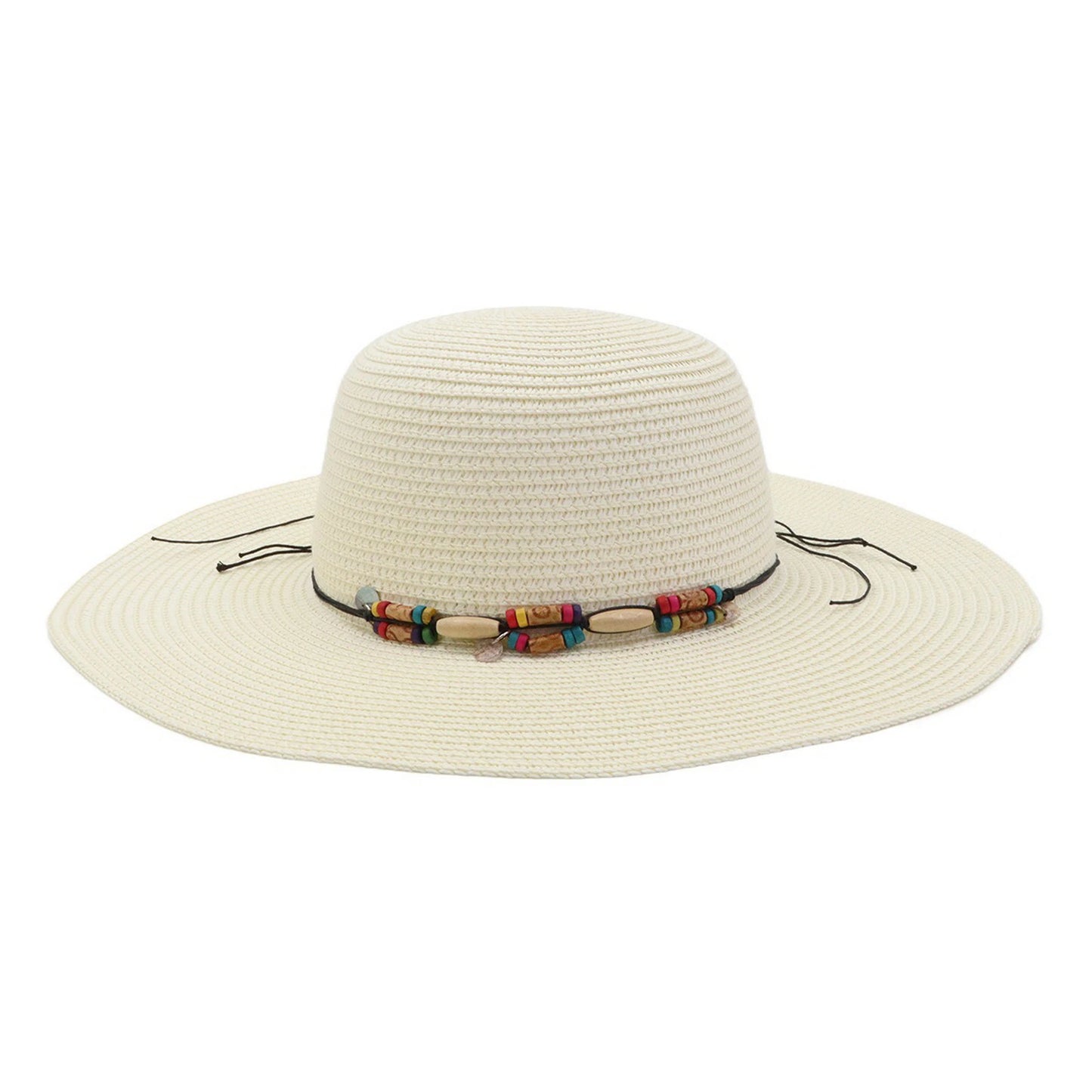 Wide Brim Straw Hat | Multicolor Beaded Rope Detail – White