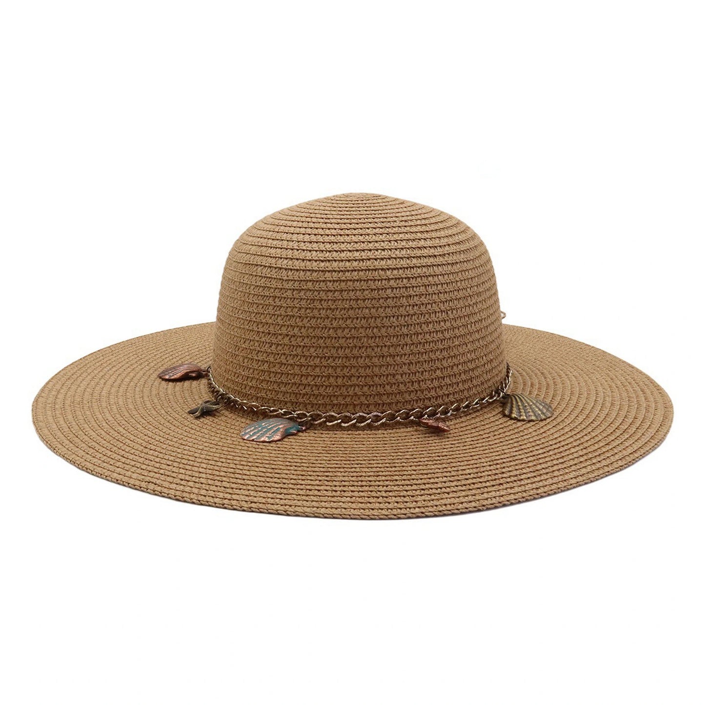 Wide Brim Straw Hat | Metal Seashell Charms Detail – Natural