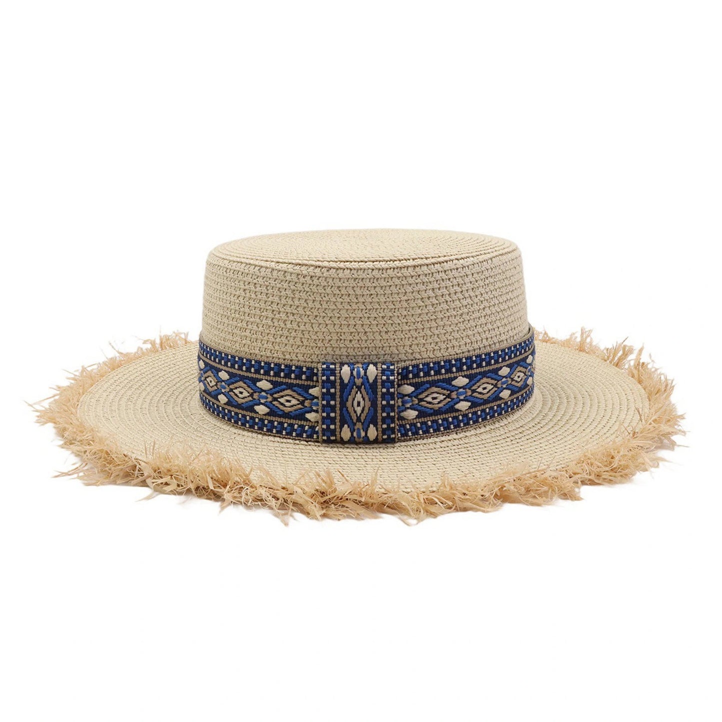Short Brim Straw Hat | Geometric Ribbon Band - Natural