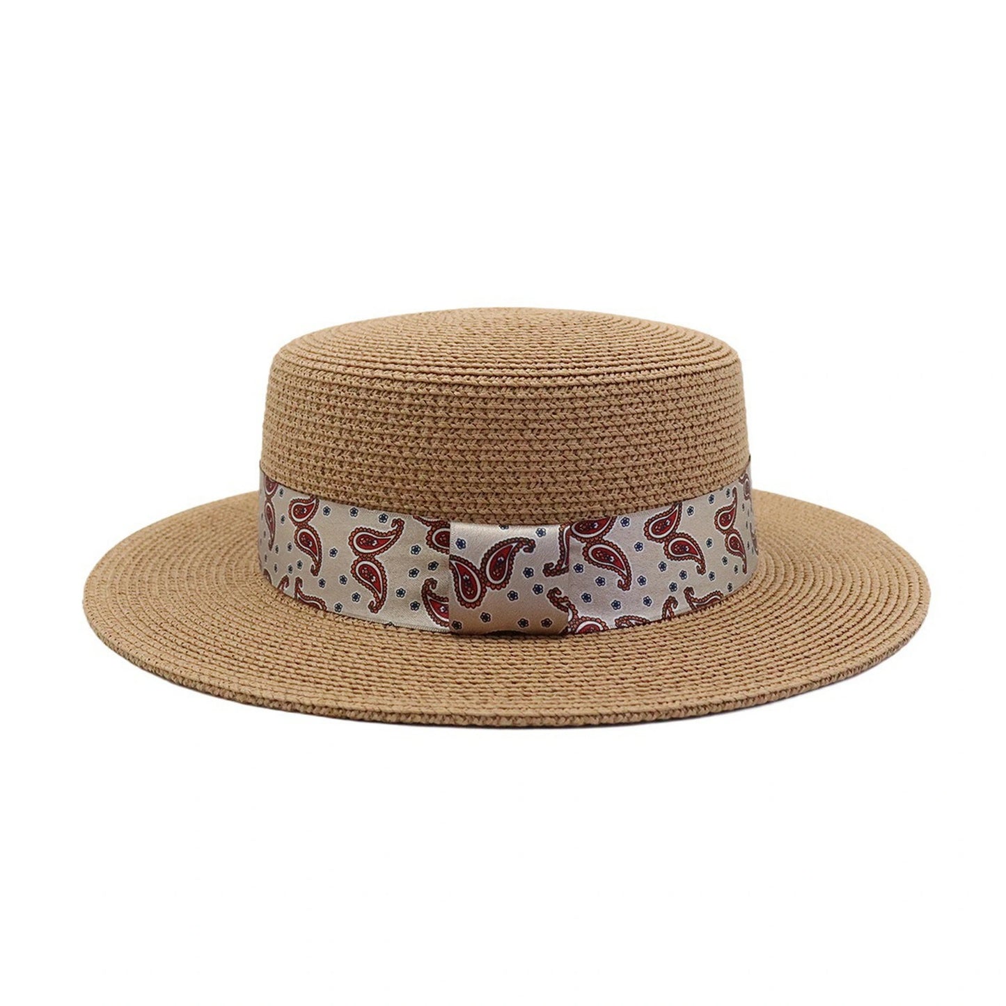 Short Brim Straw Hat | Flat Crown Paisley Band – Tan