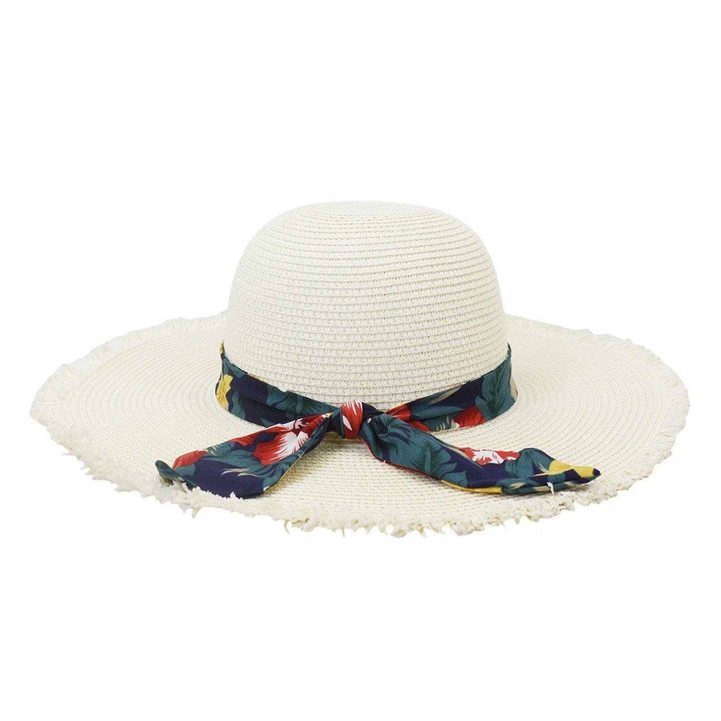 Wide Brim Straw Hat | Tropical Scarf Band – Cream