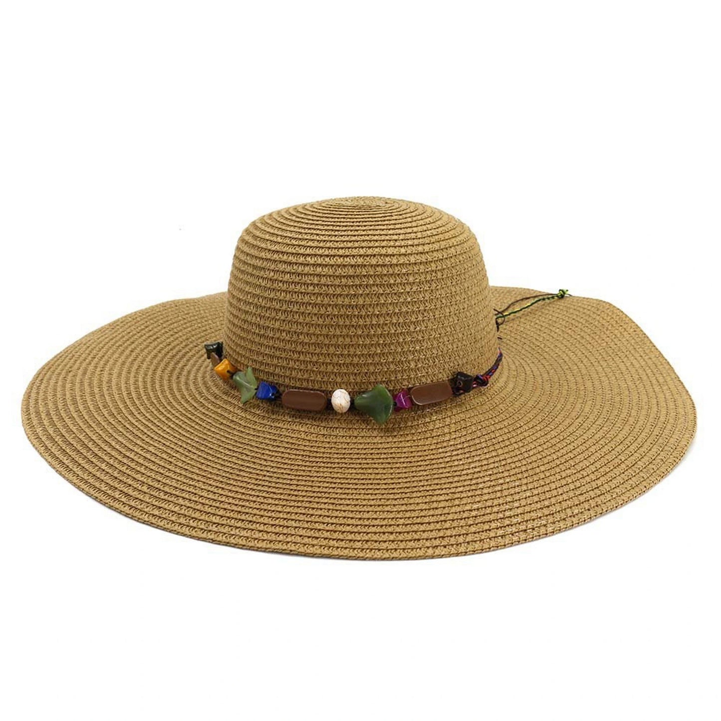Wide Brim Straw Hat | Multicolour Beaded Band – Natural