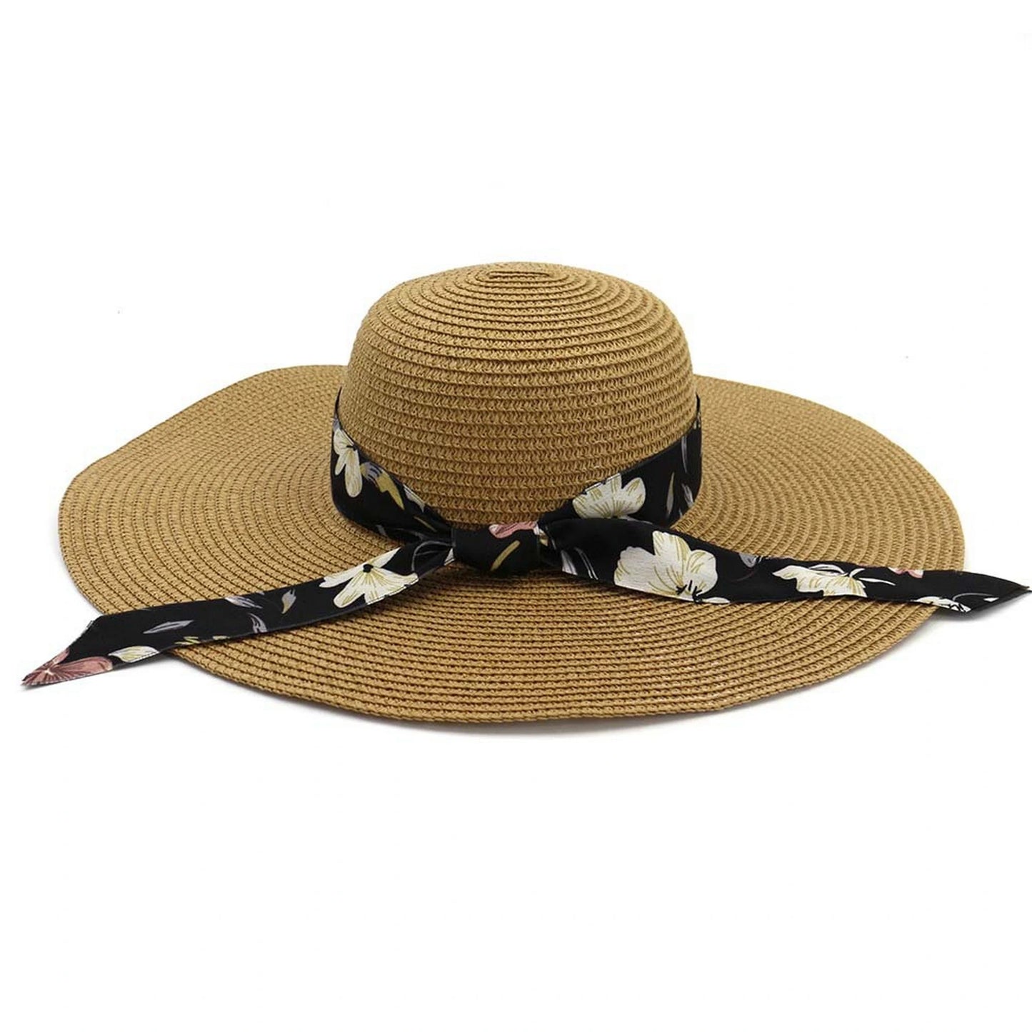 Wide Brim Straw Hat | Floral Ribbon Tie Band – Natural