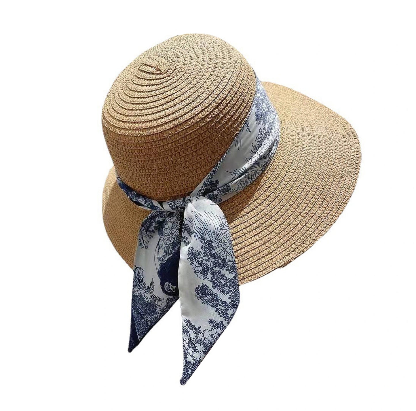Short Brim Straw Hat | Vintage Print Ribbon Tie - Natural