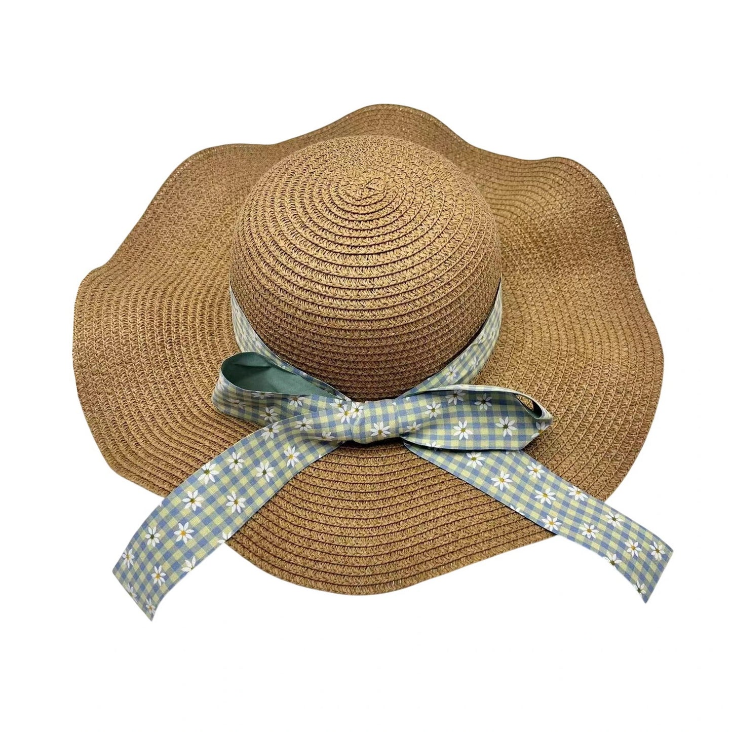 Short Brim Straw Hat | Gingham Floral Ribbon Tie - Natural