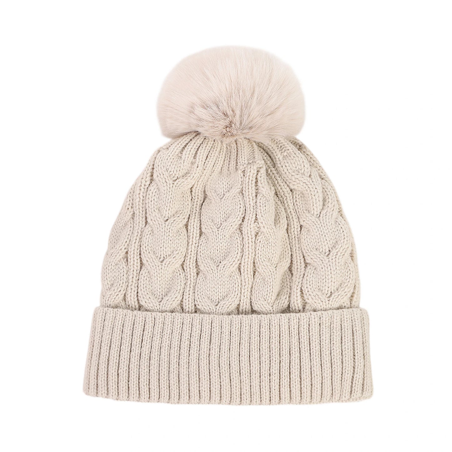 Bobble Hat | Cable Knit Faux Fur Pom Design – Beige