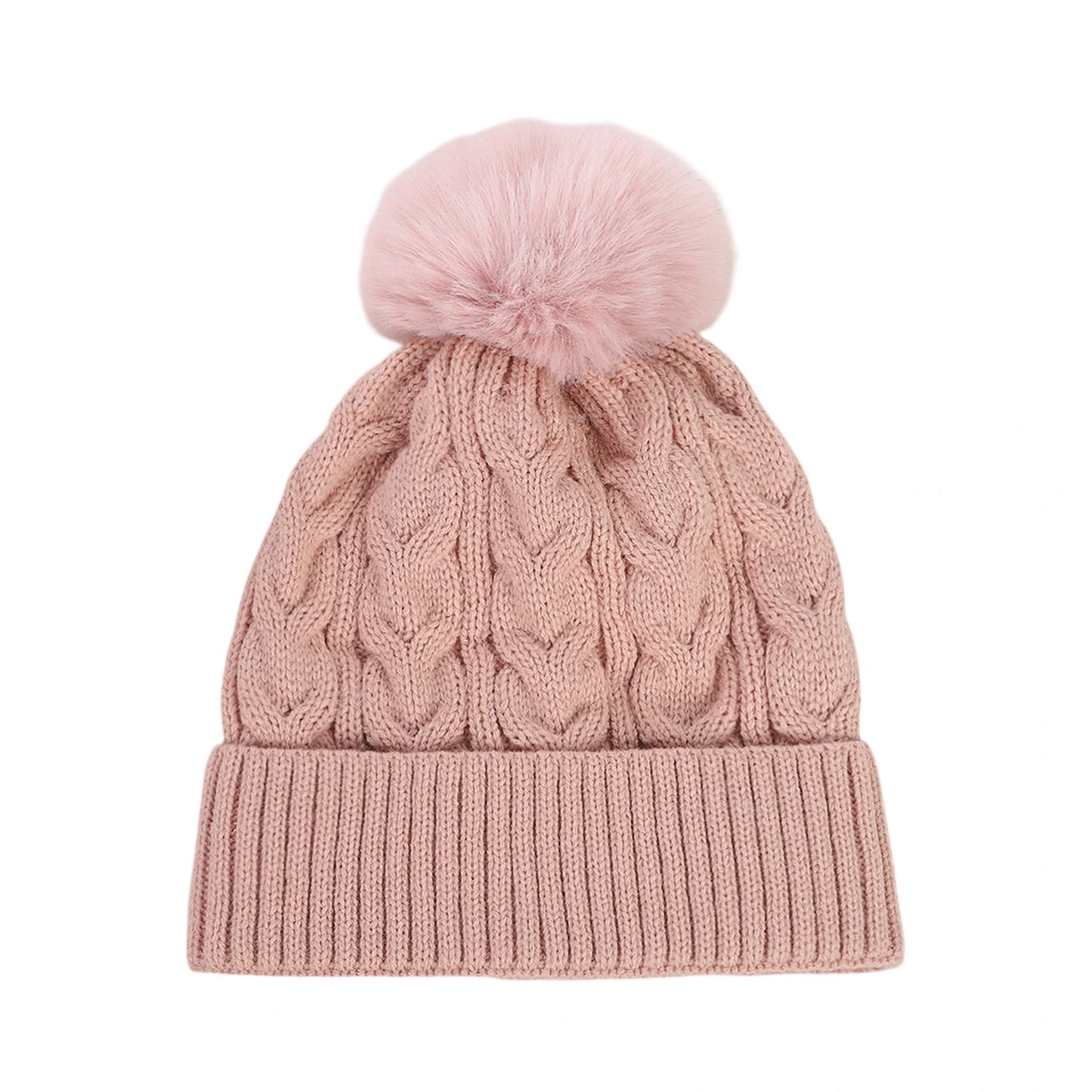 Bobble Hat | Cable Knit Faux Fur Pom Design – Pink