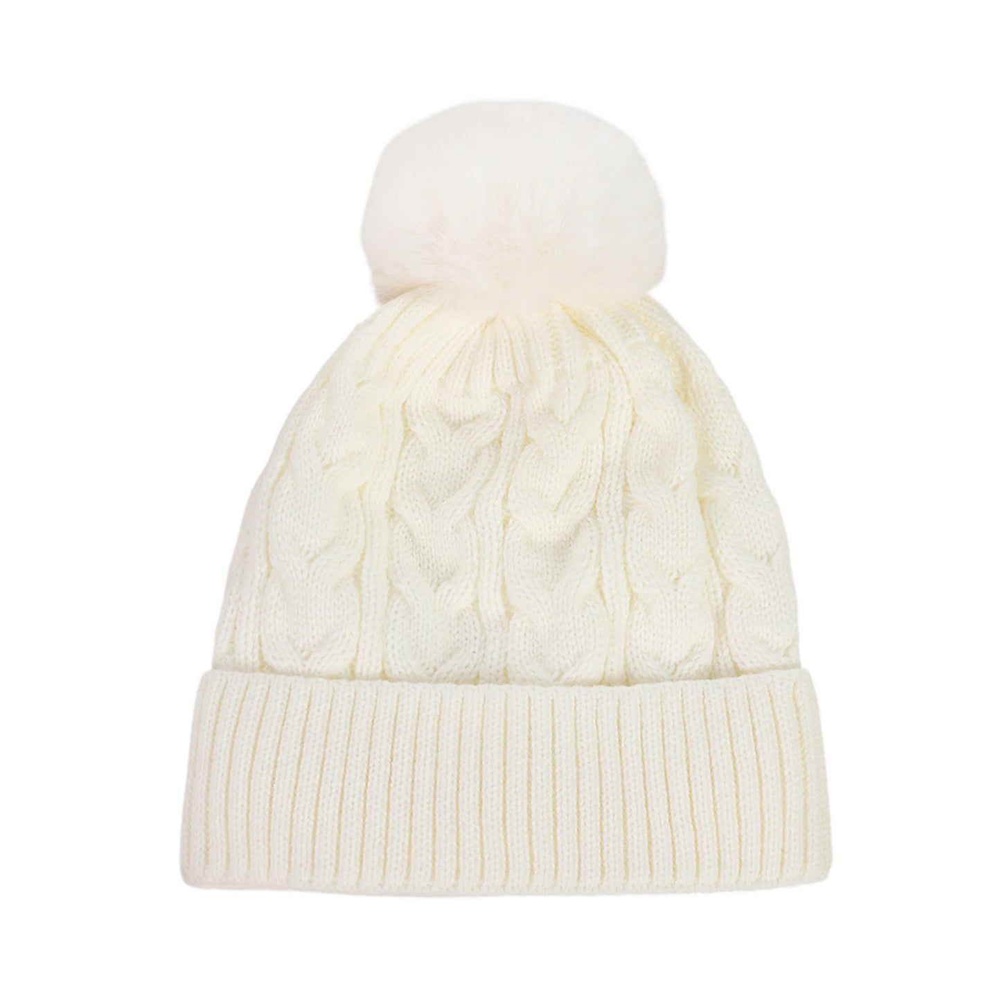 Bobble Hat | Cable Knit Faux Fur Pom Design – Cream