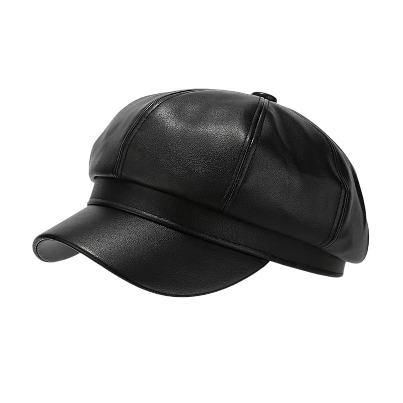 Fashion Hat | Faux Leather Baker Boy Cap – Black