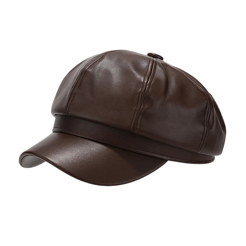 Fashion Hat | Faux Leather Baker Boy Cap – Coffee