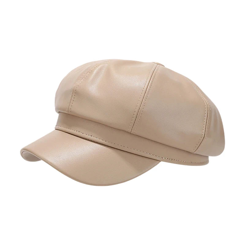 Fashion Hat | Faux Leather Baker Boy Cap – Beige