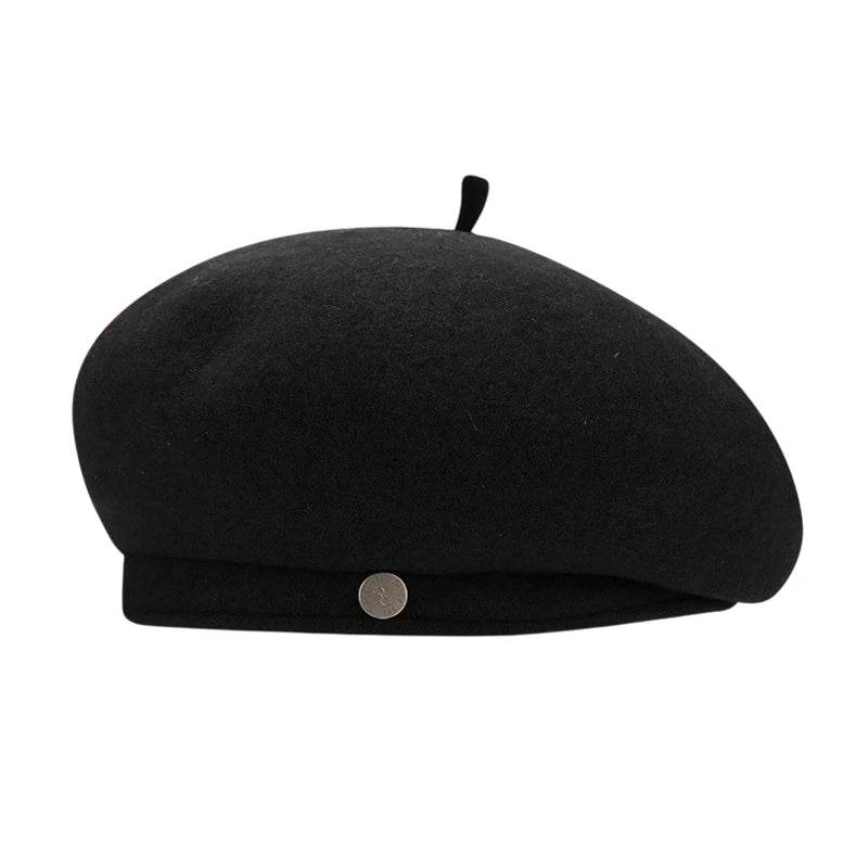 Fashion Hat | Wool Blend Beret with Metal Button – Black