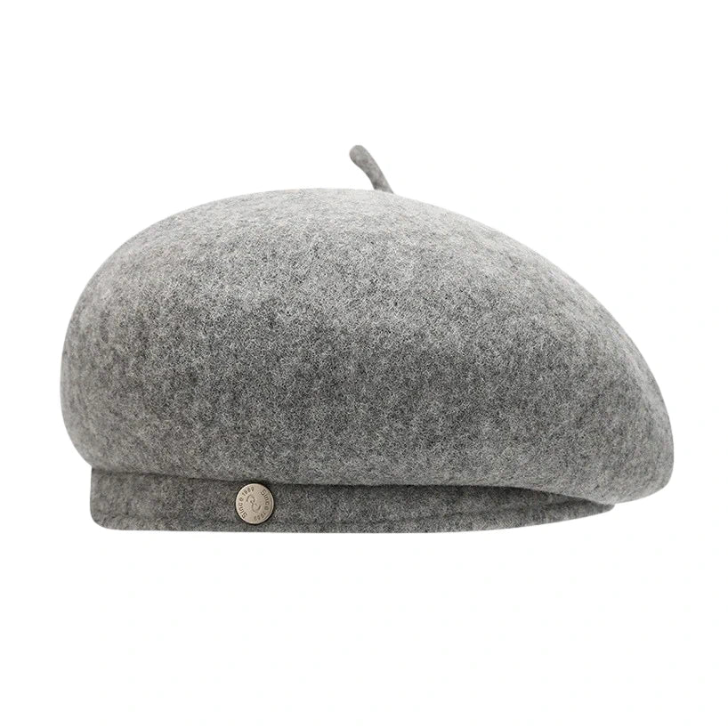 Fashion Hat | Wool Blend Beret with Metal Button – Grey