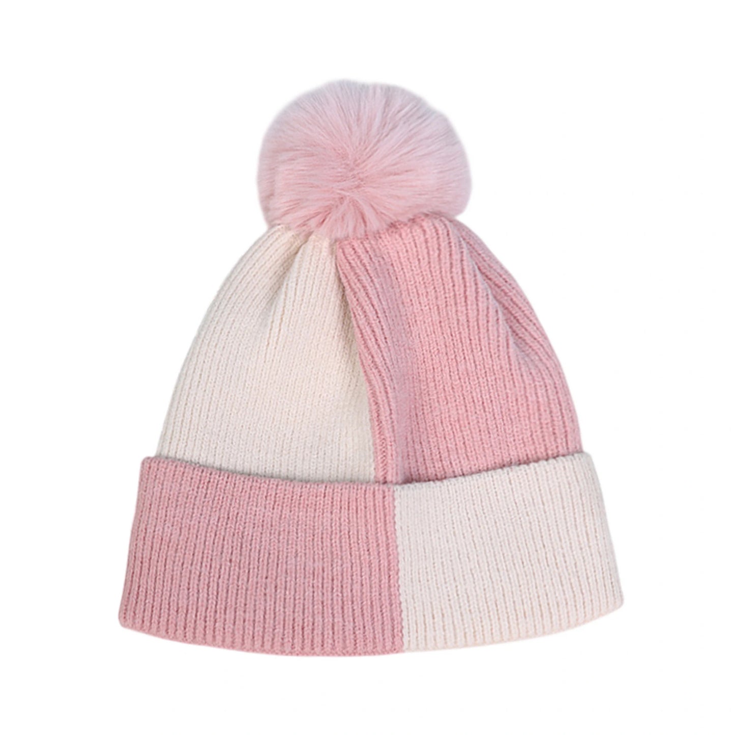 Bobble Hat | Colour Block Faux Fur Pom Design – Pink