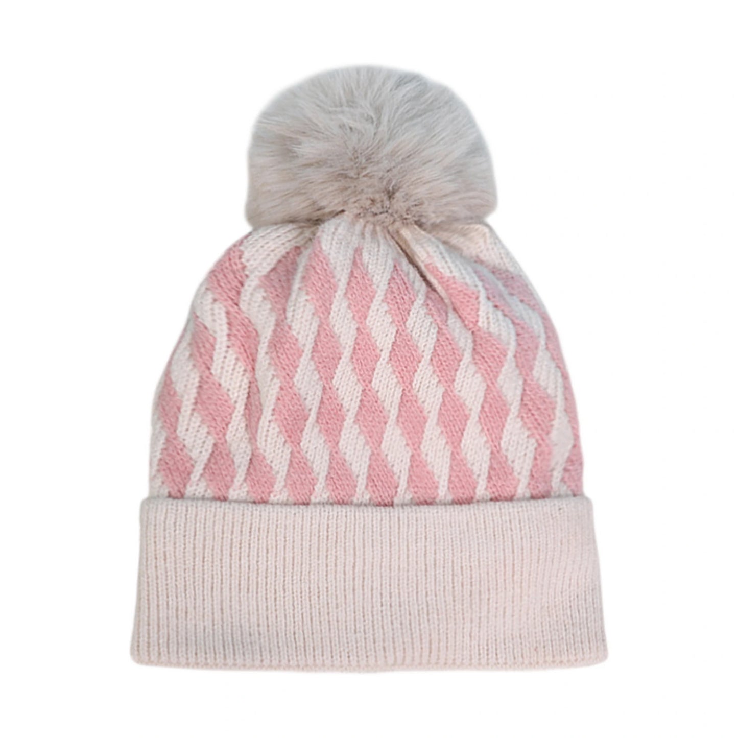 Bobble Hat | Diamond Knit Pattern – Beige