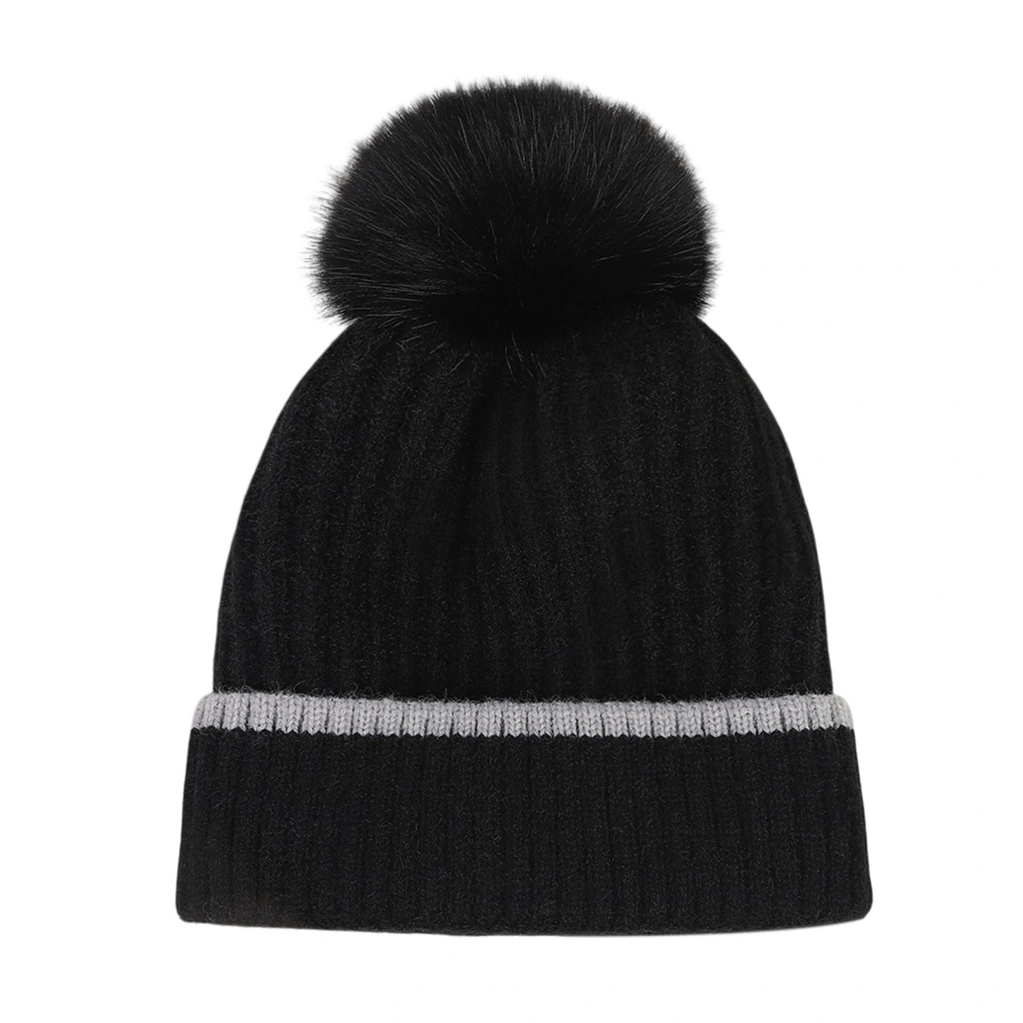 Bobble Hat | Ribbed Knit Contrast Stripe – Black