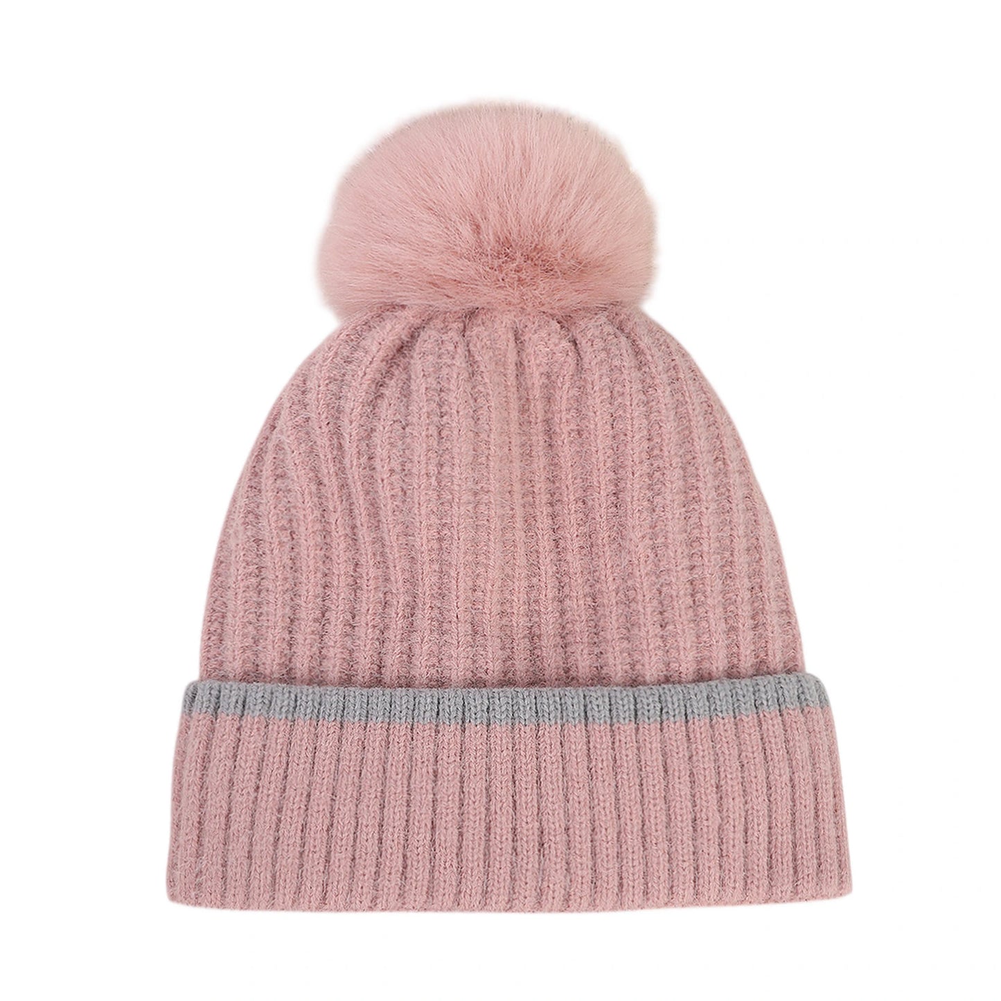 Bobble Hat | Ribbed Knit Contrast Stripe – Pink
