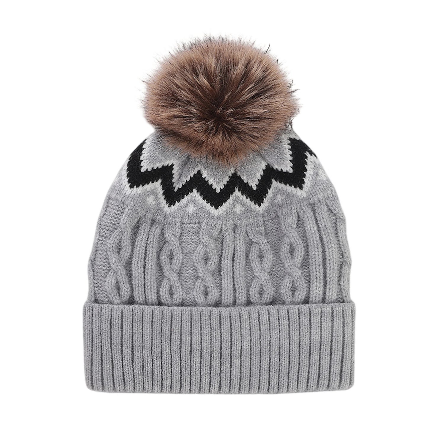 Bobble Hat | Nordic Cable Knit Pattern – Grey