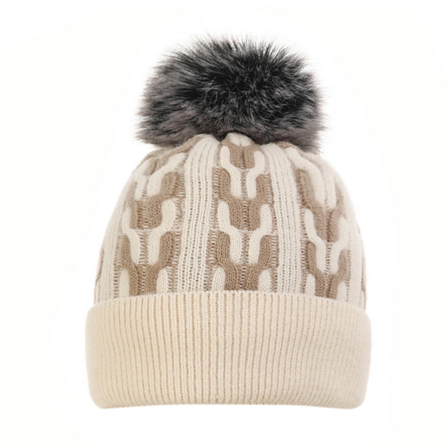 Bobble Hat | Geometric Knit Pattern – Beige