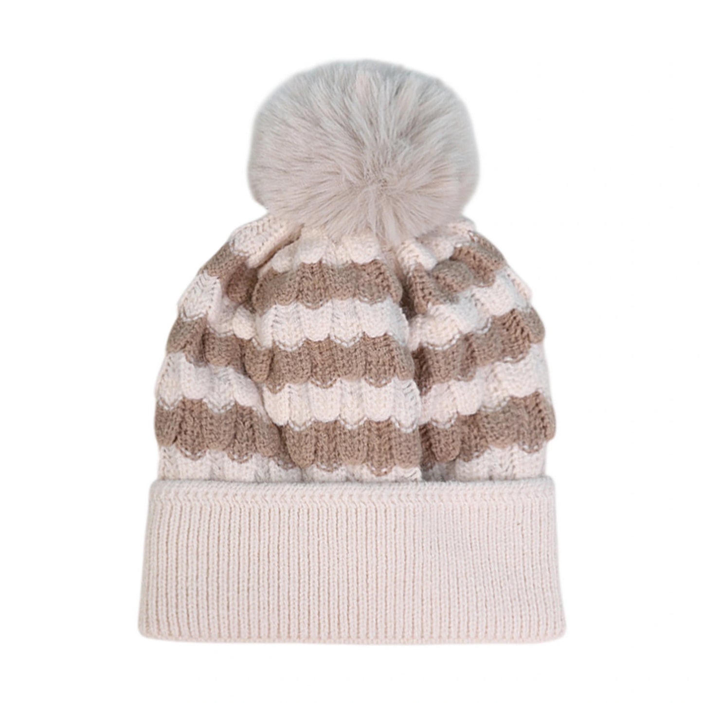 Bobble Hat | Textured Stripe Knit – Beige