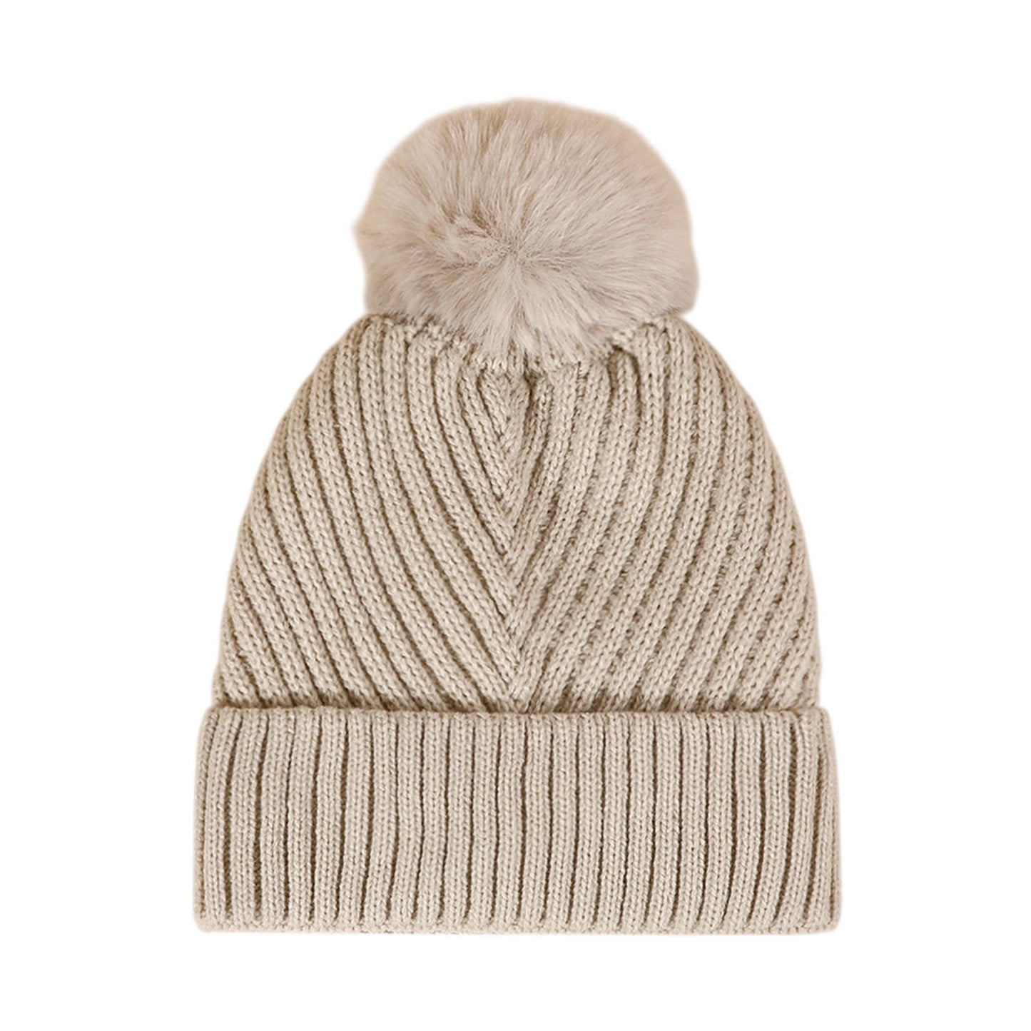 Bobble Hat | Chevron Rib Knit – Beige