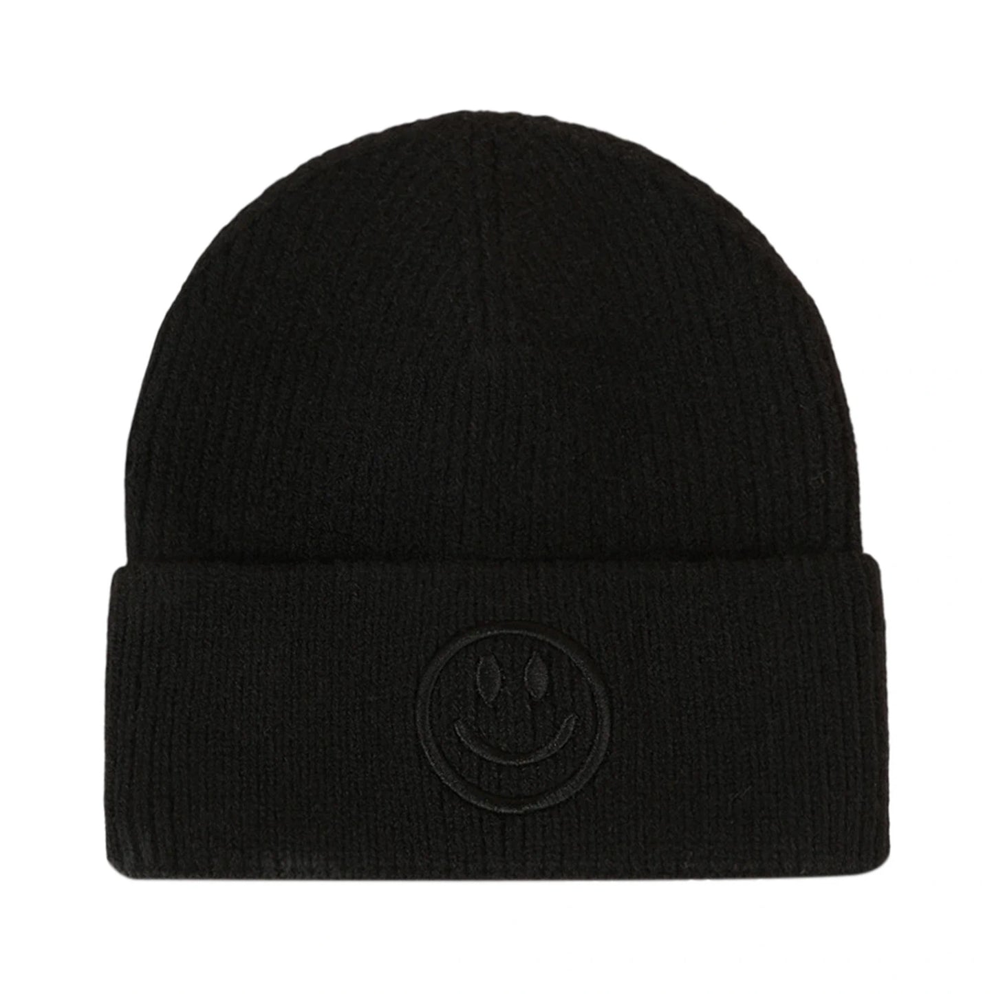 Ski Hat | Smiley Embroidered Rib Knit – Black