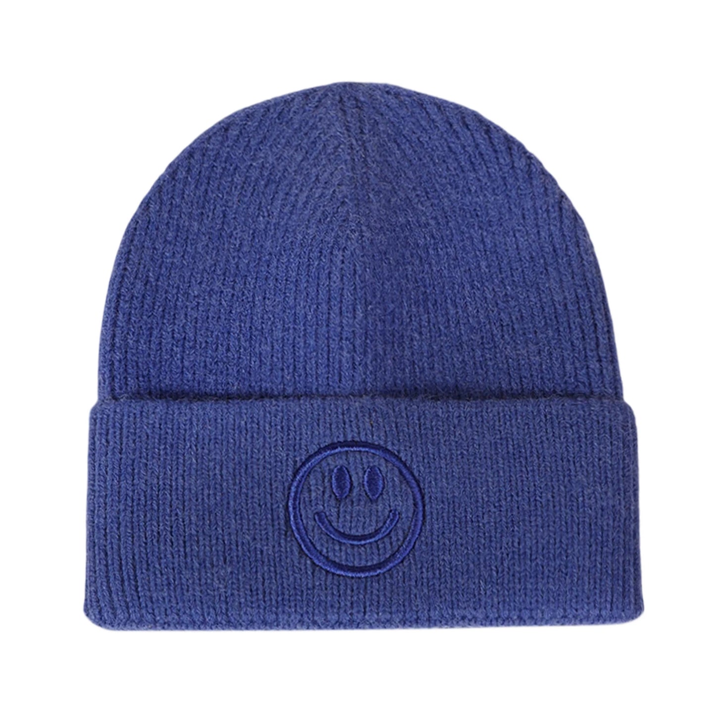 Ski Hat | Smiley Embroidered Rib Knit – Navy