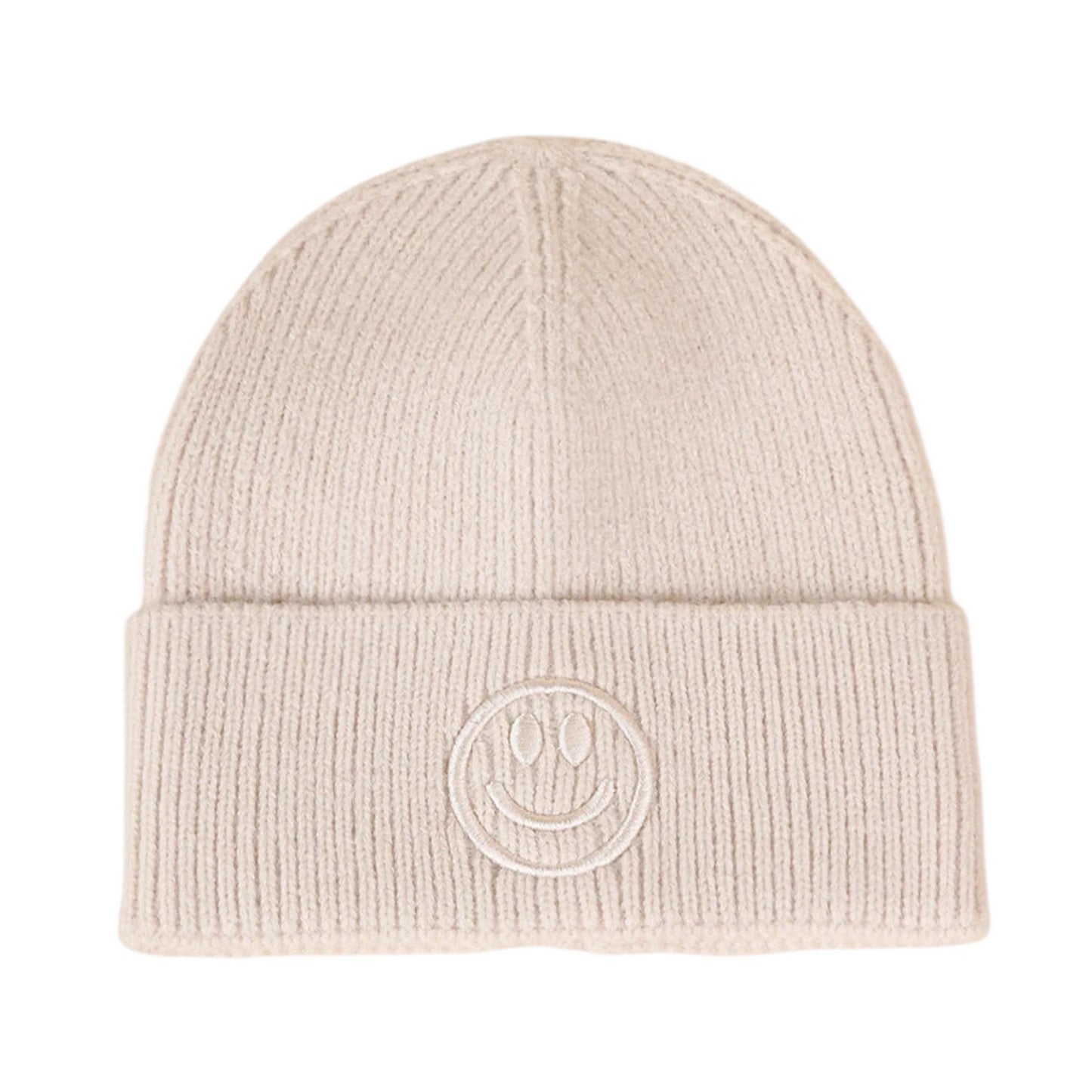 Ski Hat | Smiley Embroidered Rib Knit – Beige