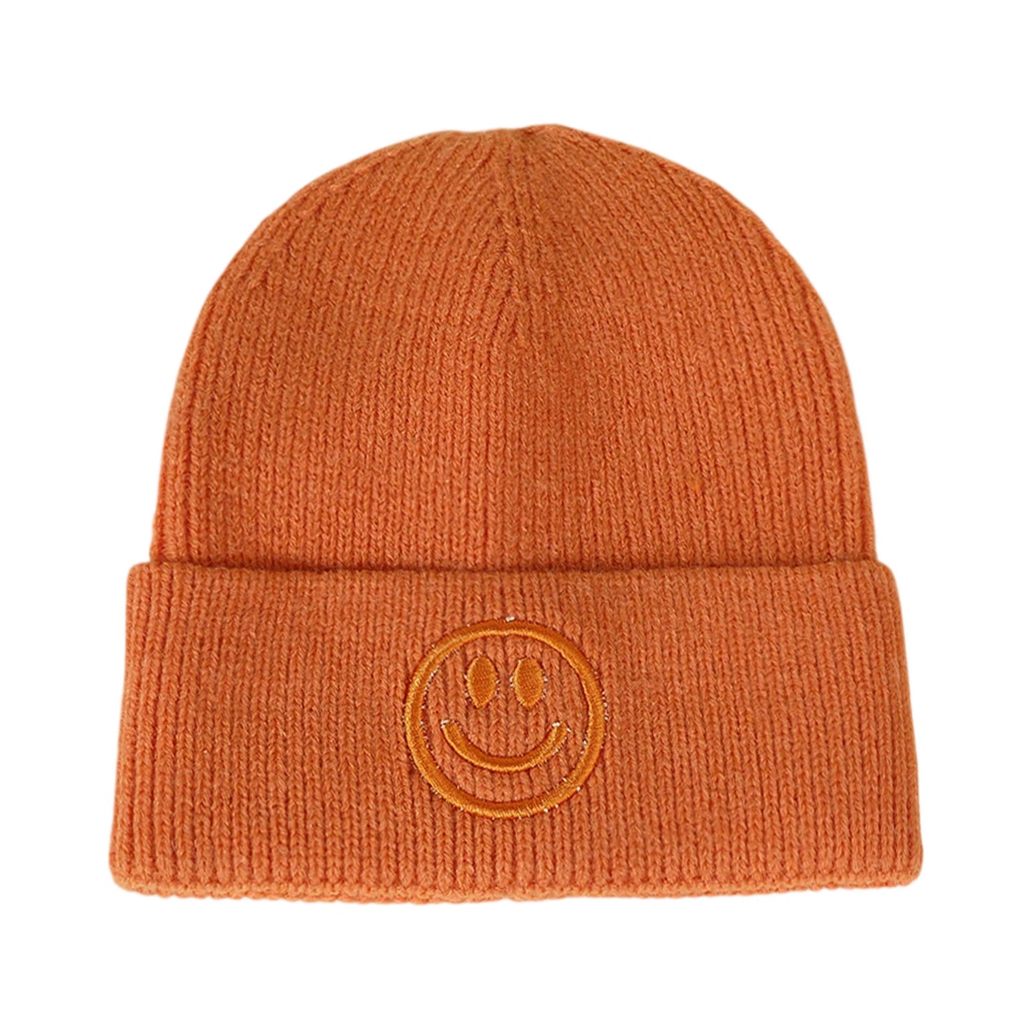 Ski Hat | Smiley Embroidered Rib Knit – Orange