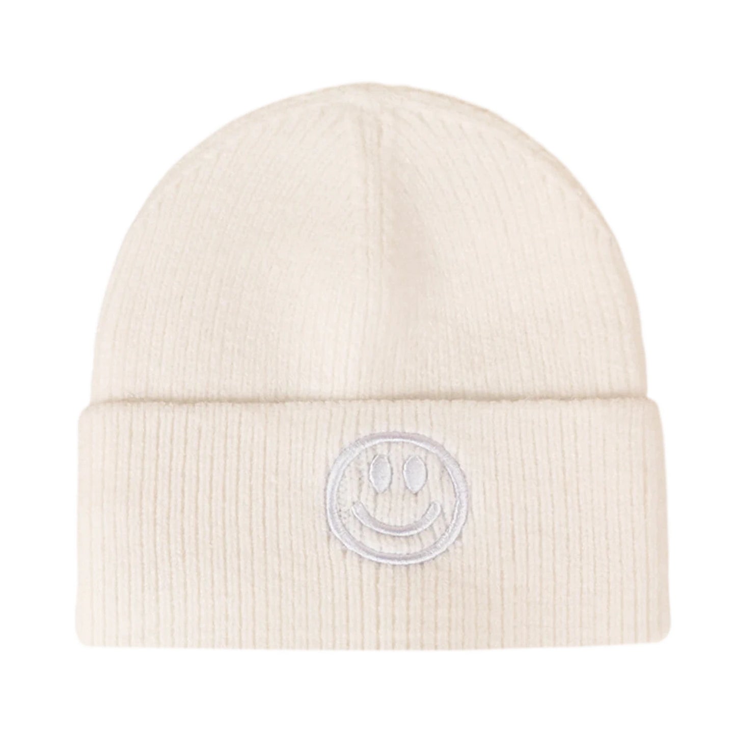 Ski Hat | Smiley Embroidered Rib Knit – Cream