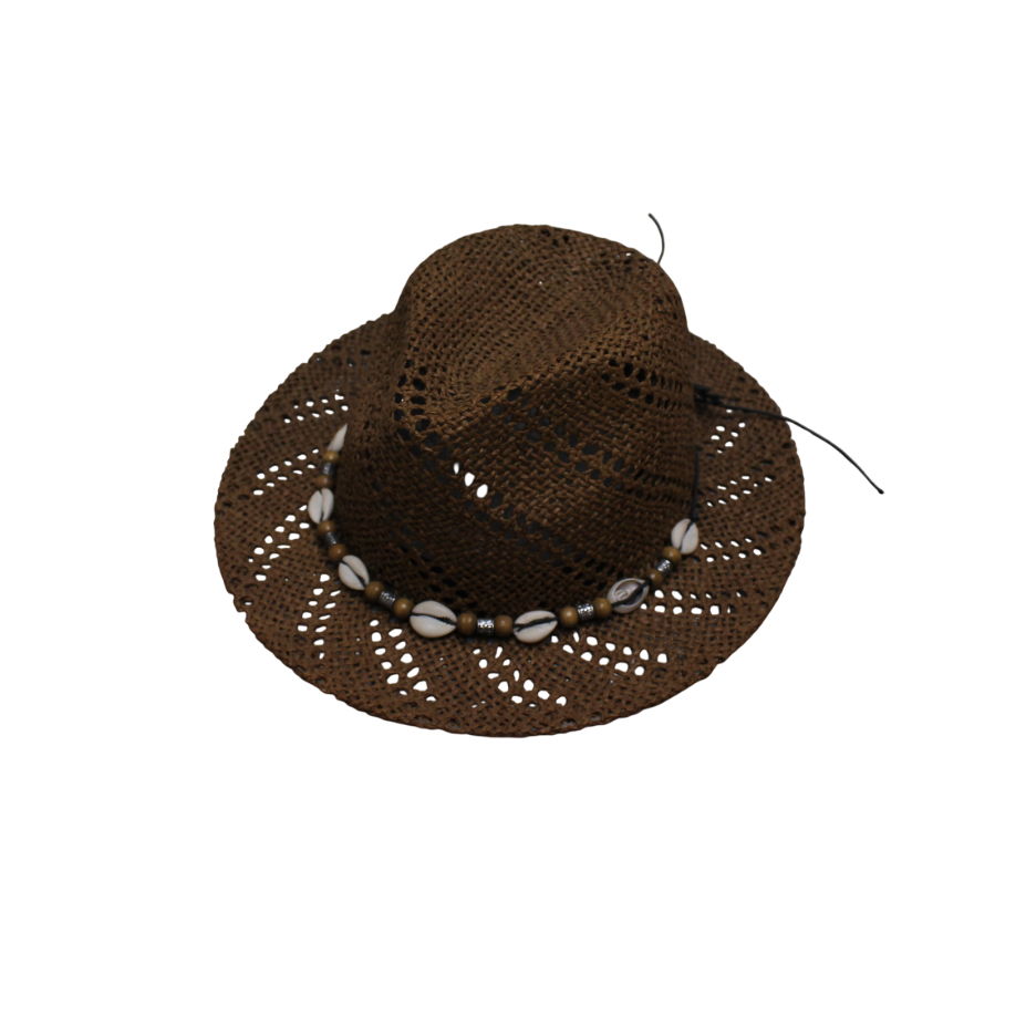 IGO2508389 Shell Bead Decorated Dark Brown Straw Fedora Hat