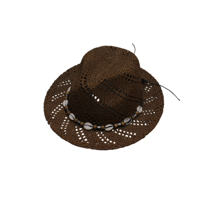 IGO2508389 Shell Bead Decorated Dark Brown Straw Fedora Hat
