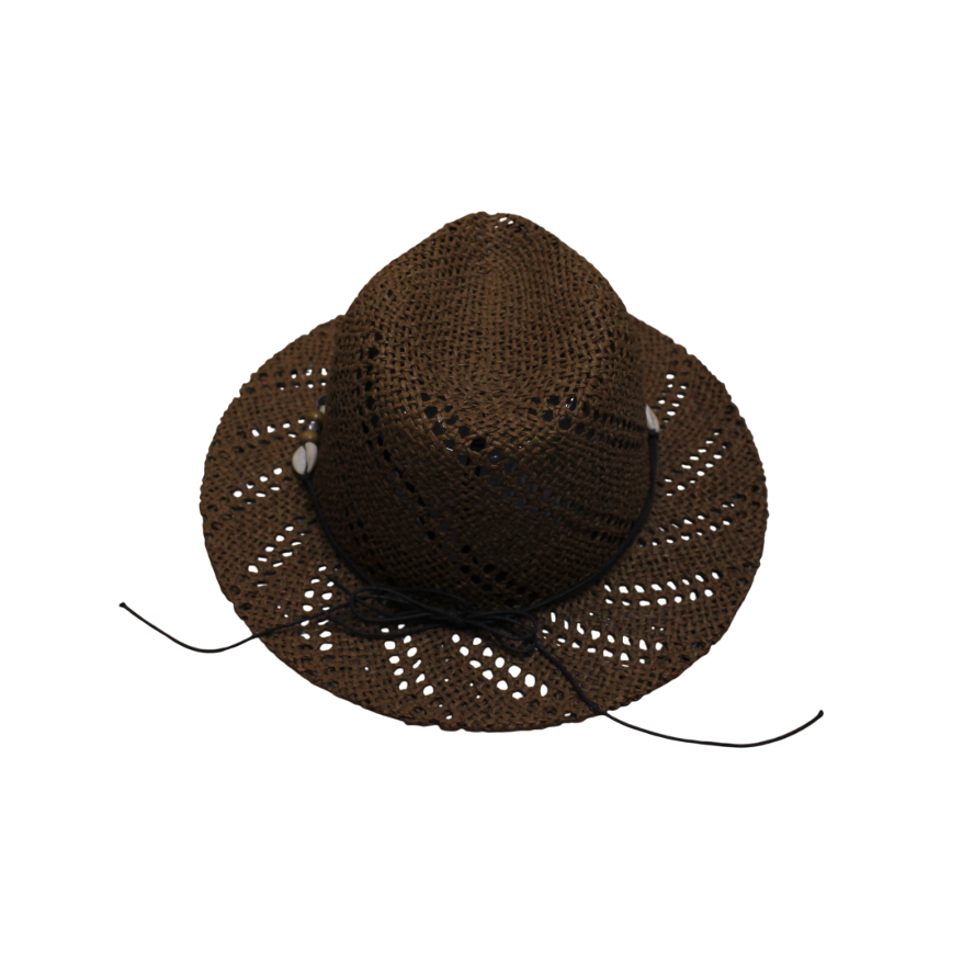 IGO2508389 Shell Bead Decorated Dark Brown Straw Fedora Hat