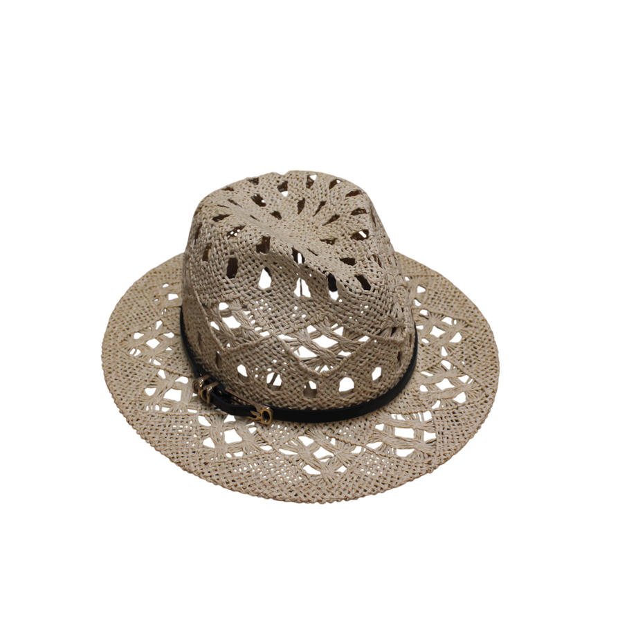 IGO2508392 Metal Buckle Black - Band Hollow - Out Straw Fedora Hat