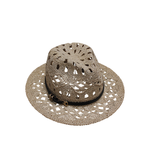 IGO2508392 Metal Buckle Black - Band Hollow - Out Straw Fedora Hat