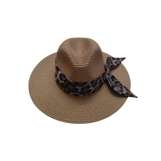 IGO2508446 Leopard Print Scarf Band Brown Straw Fedora Hat