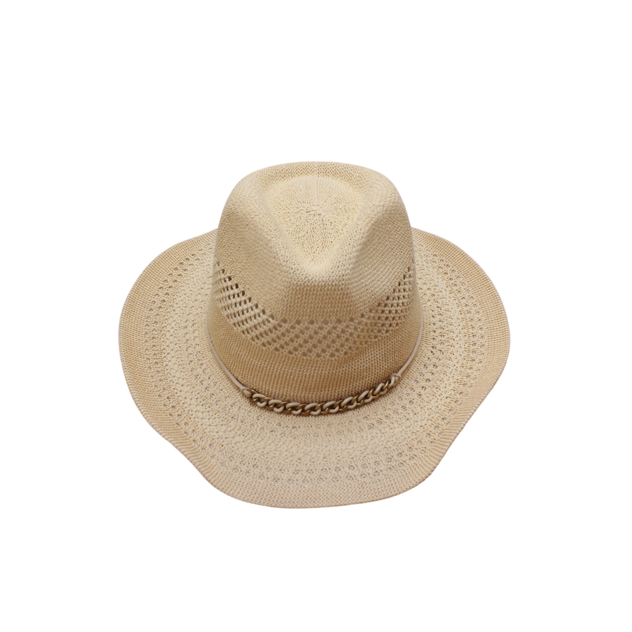 IGO2508278 Metal Chain Woven Straw Fedora