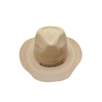 IGO2508278 Metal Chain Woven Straw Fedora