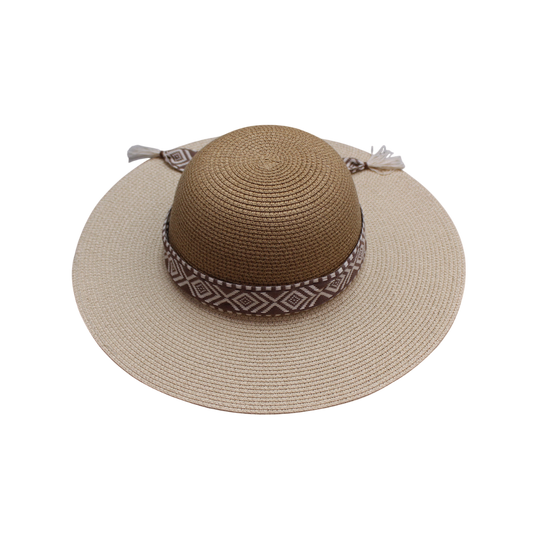 IGO2508293 Geometric Tassel Ribbon Wide Brim Sun Hat