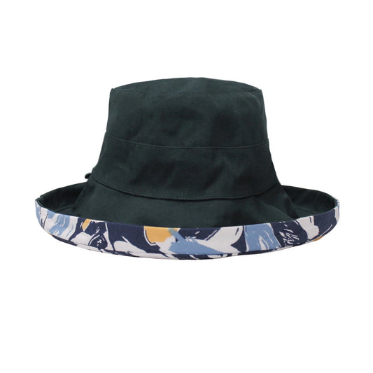 Cotton Hat | Reversible Floral Print Wide Brim – Blue & White