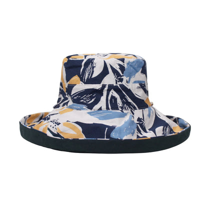 Cotton Hat | Reversible Floral Print Wide Brim – Blue & White