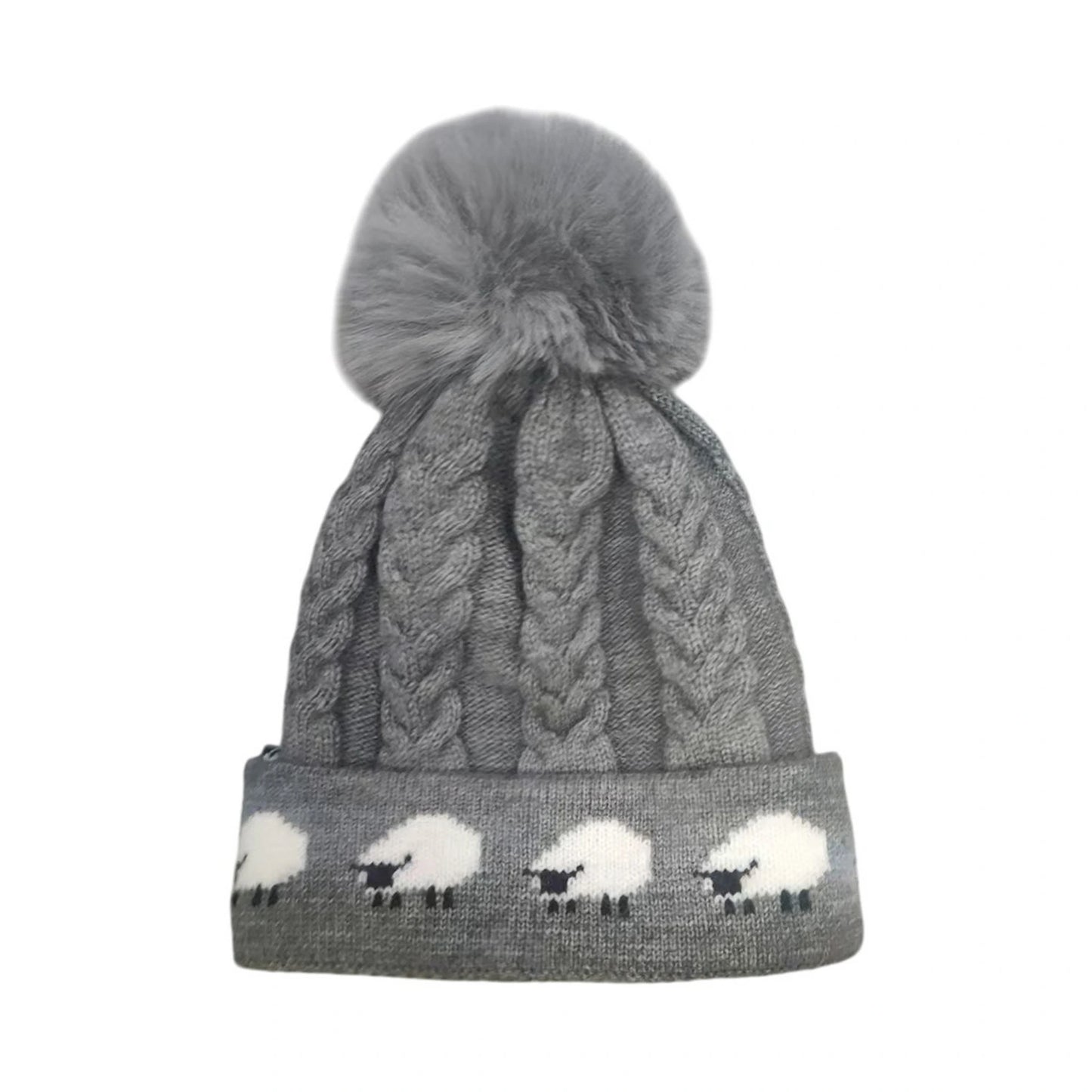 Fashion Bobble Hat | Cable Knit Sheep Pattern Design with Pom Pom – Grey